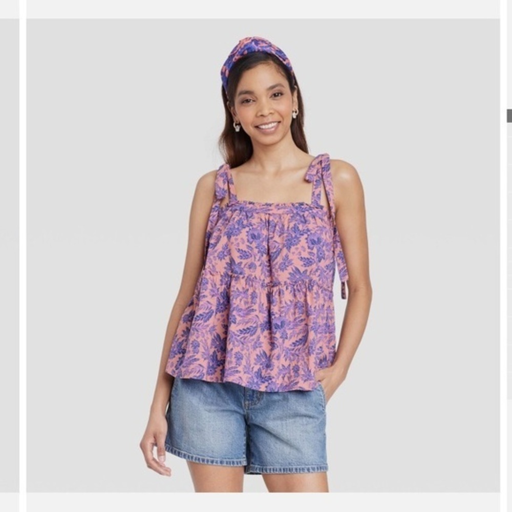 Women's Tie-Strap Tiered Tank Top - Universal Thread - Pink Floral Size Medium